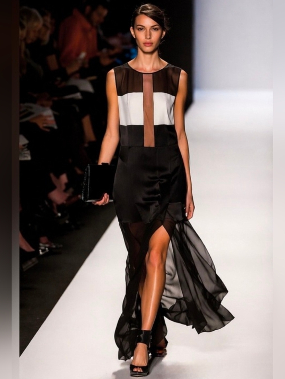 100 % Silk BCBGMaxAzria Black and White Sheer-Panel Maxi Dress